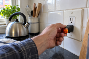 Electrical inspection with a plug-in tester at an NYC kitchen outlet