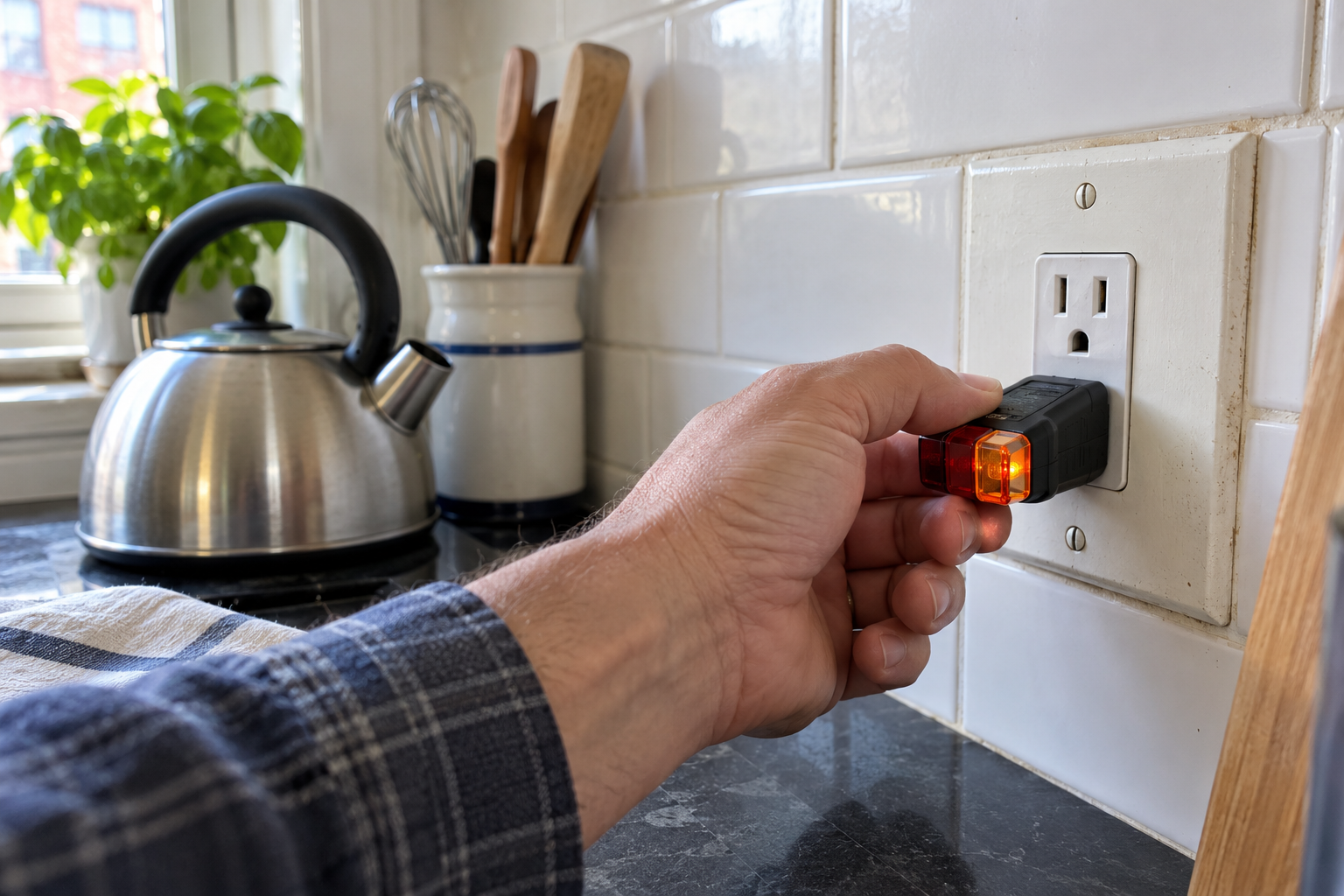 Electrical inspection with a plug-in tester at an NYC kitchen outlet