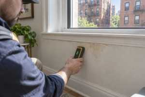 Inspector checking hidden moisture beneath an NYC apartment window