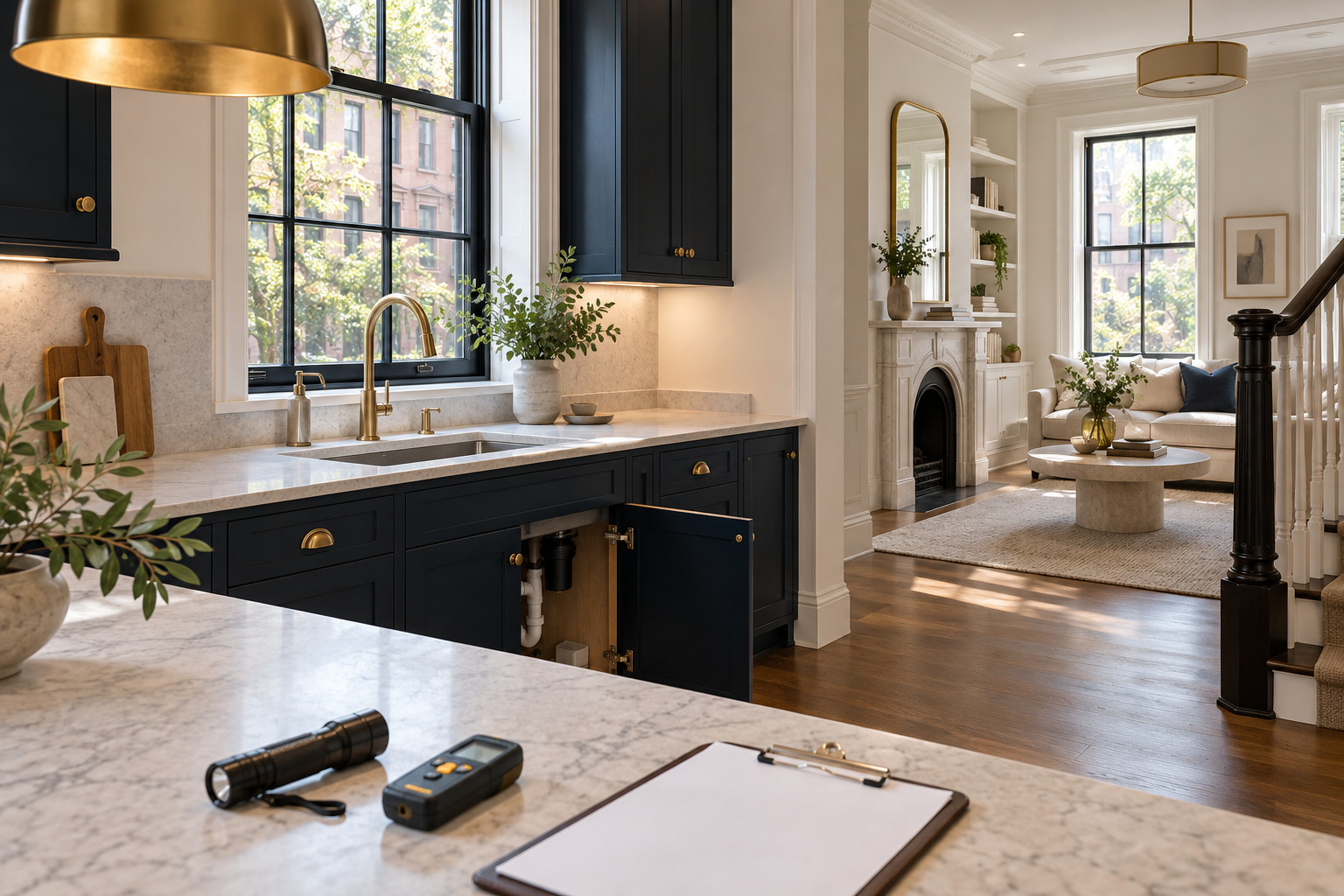 Illustrative renovated New York townhouse kitchen with inspection tools and accessible sink cabinet