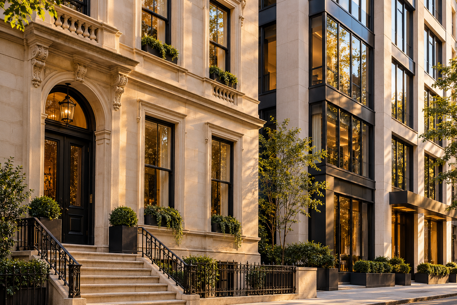 New York townhouse and modern building in warm afternoon light
