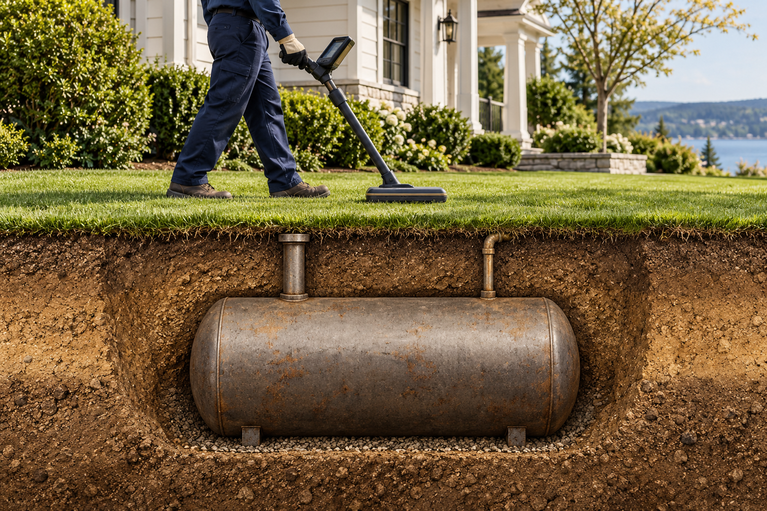 AI-generated conceptual illustration of an oil tank sweep with a buried tank shown in soil cutaway