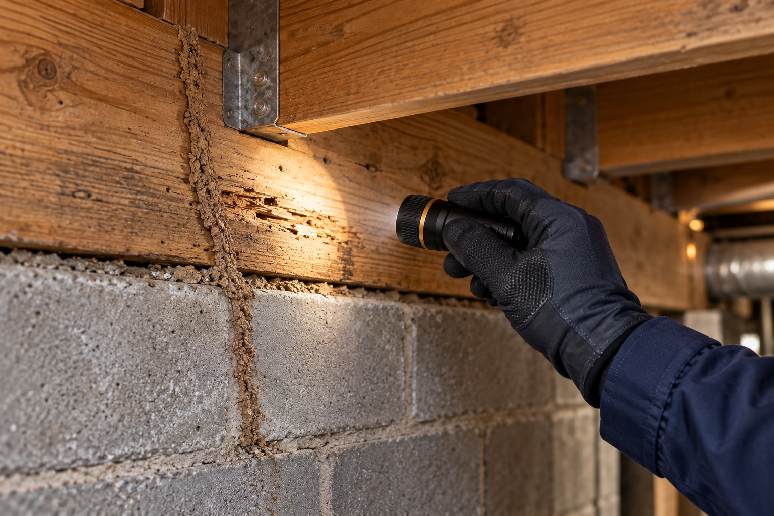 AI-generated illustration of a flashlight inspection of timber with visible termite mud tubes
